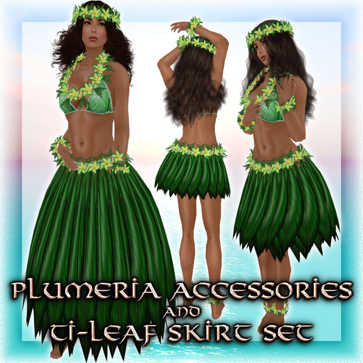 * Charmed * Hula Plumeria Accessories(Lei) & Ti-Leaf Skirt(w/Plumeria) Set - Emerald
