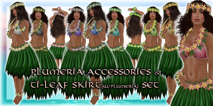 * Charmed * Hula Plumeria Accessories(Lei) & Ti-Leaf Skirt(w/Plumeria) Set - All Colors