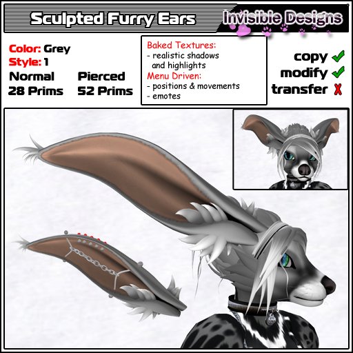 Invisible Designs - Sculpted Furry Ears 1 grey