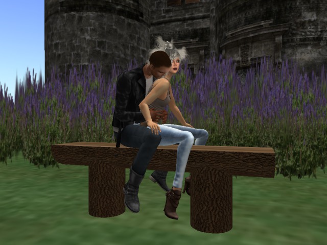 Bark bench - couple sit animation