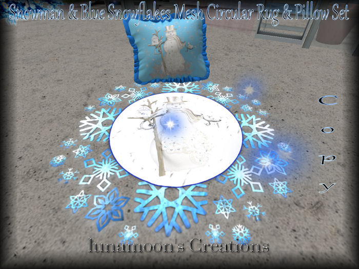 Snowman & Blue Snowflakes Mesh Circular Rug & Pillow Set