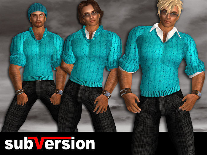 subVersion - Turquoise Cable Knit & Check Trousers with White Shirt