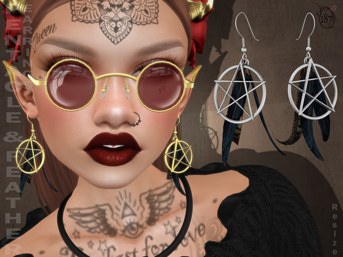 #187# Pentacle & Feather Earrings Silver BOX (Add Me)