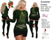 *BSASSY* SWEATER DRESS XMAS TREE GREEN WITH TIED UP SOCK BOOTS