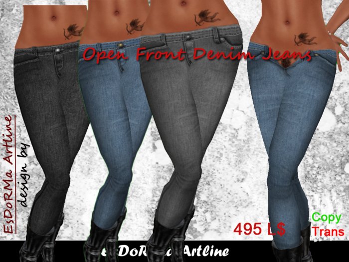 2 Version Open Front Low Rise Jeans 3 Colors Pack (Blue/Black/Gray)