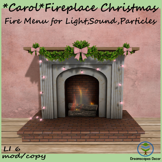 *Carol* Fireplace Christmas B - Fireplace with fire menu. Decorated with fir garland with bows and light string.