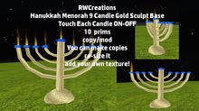 Hanukkah Menorah 9 Candle Gold Sculpt Base-Touch Candle ON-OFFb