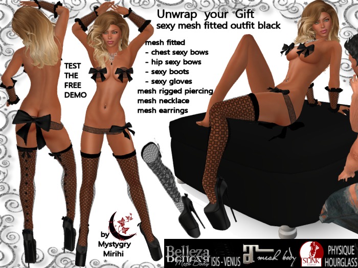 Second Life Marketplace - Unwrap your gift fitmesh bows outfit black  fishnet, high hells boots, lingerie sexy for your sweetheart