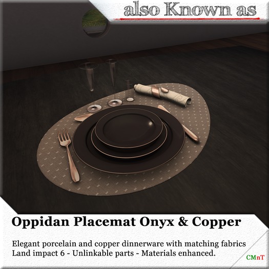 ~ also Known as ~ Oppidan dinner setting Onyx & Copper