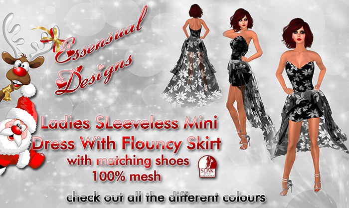 Mini Dress with Long Flounce Skirt Black Poinsetties