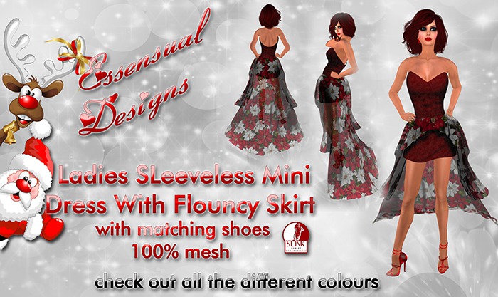 Mini Dress wth Long Flounce Skirt Red Poinsettia