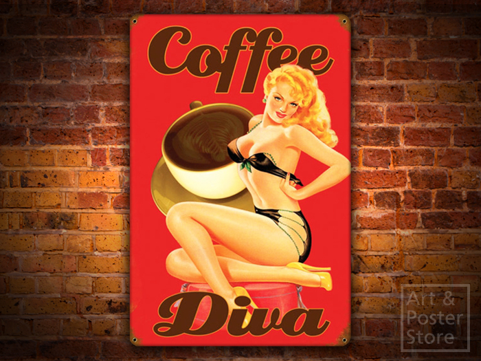 COFFEE DIVA Retro Pin Up Poster | Rusty Metal Style Wall Sign