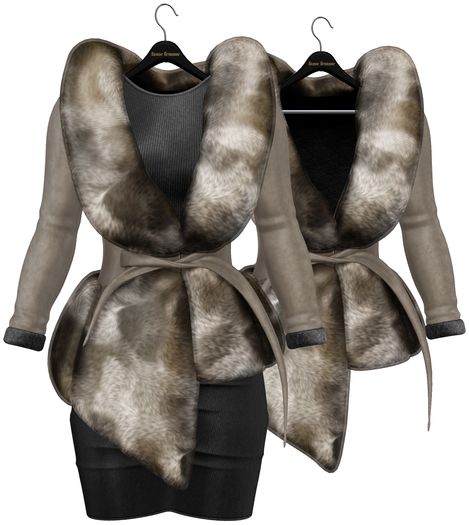 fame femme: Belted Fur Jacket & Dress - Beige