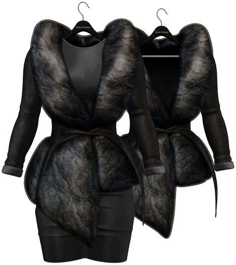 fame femme: Belted Fur Jacket & Dress - Black