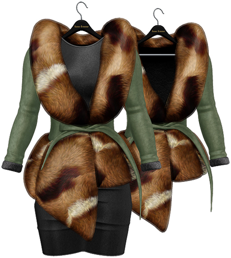 fame femme: Belted Fur Jacket & Dress - Green