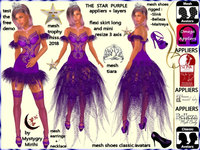 The star purple dress layers appliers omega maitreya belleza slink, flexi skirt, mesh rigged shoes, classic avatar