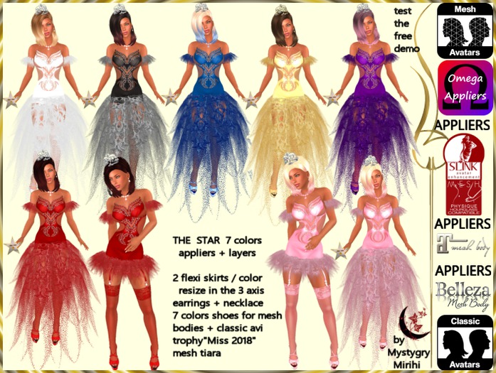 The star fatpack 7 colors dress layers appliers omega maitreya belleza slink, mesh shoes rigged, flexi skirt, classic