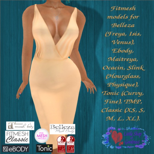 Beige Dress. Deep Neckline, Shoulder Straps, Open Back  Belleza, Ebody, Maitreya, Ocacin, Slink, Tonic, TMP, Classic