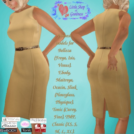 Beige Pencil Dress With Slit And Belt. Fitmesh  Belleza, Ebody, Maitreya, Ocacin, Slink, Tonic, TMP, Classic
