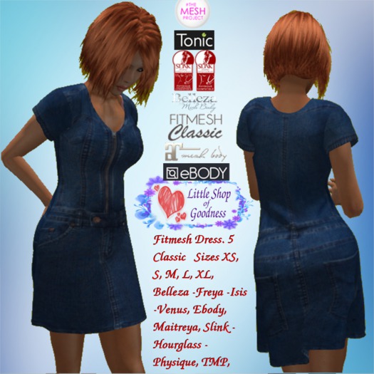 Front Zip Denim Dress- Blue DEMO. Fitmesh. Classic, Belleza, Ebody, Maitreya, Slink, TMP, Tonic
