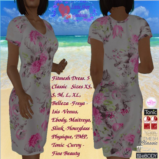 White-Pink Floral T-Shirt Dress Fitmesh DEMO. Classic, Belleza, Ebody, Maitreya, Slink, TMP, Tonic