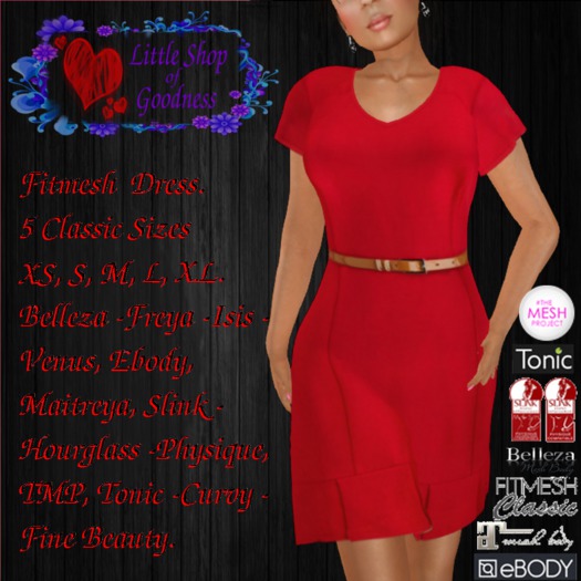 Red T-Shirt Dress With Belt and Bottom Frill Fitmesh DEMO. Classic, Belleza, Ebody, Maitreya, Slink, TMP, Tonic