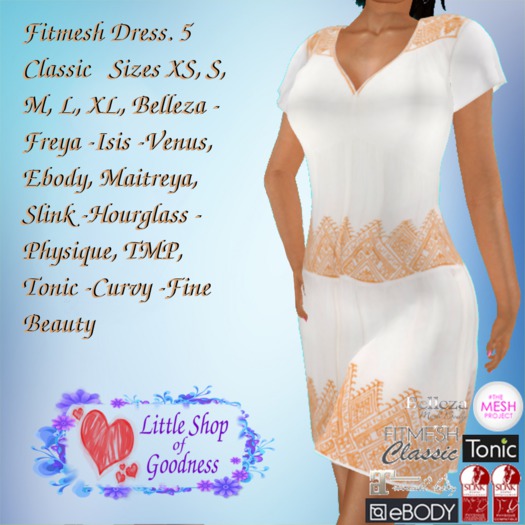 White Ethnic Patterned Dress, Fitmesh DEMO. Classic, Belleza, Ebody, Maitreya, Slink, TMP, Tonic