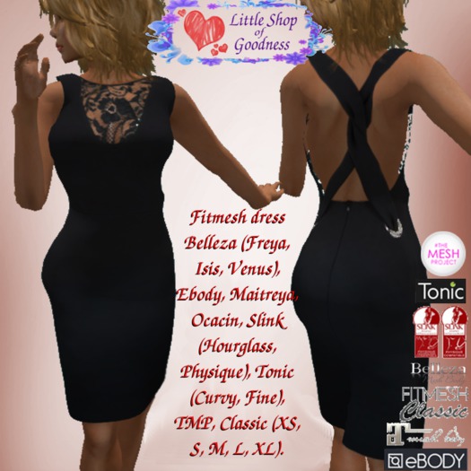 Little Black Dress lace neck open back, braided straps Fitmesh Belleza, Ebody, Maitreya, Ocacin, Slink, Tonic, TMP DEMO