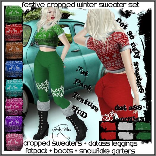 [u] Festive Cropped Winter Sweater Leggings Boots Snowflake Garter Set Women's Outfit Maitreya Belleza Slink Fitted Mesh