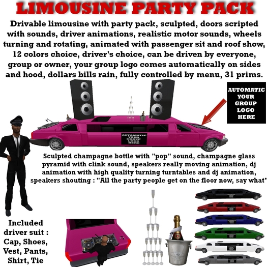 Limousine custom, driver suit, party pack, limo lincoln