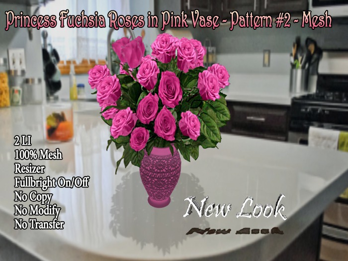 Princess Fuchsia Pink Roses in Pink Vase - Pattern #2 - Mesh 2LI 