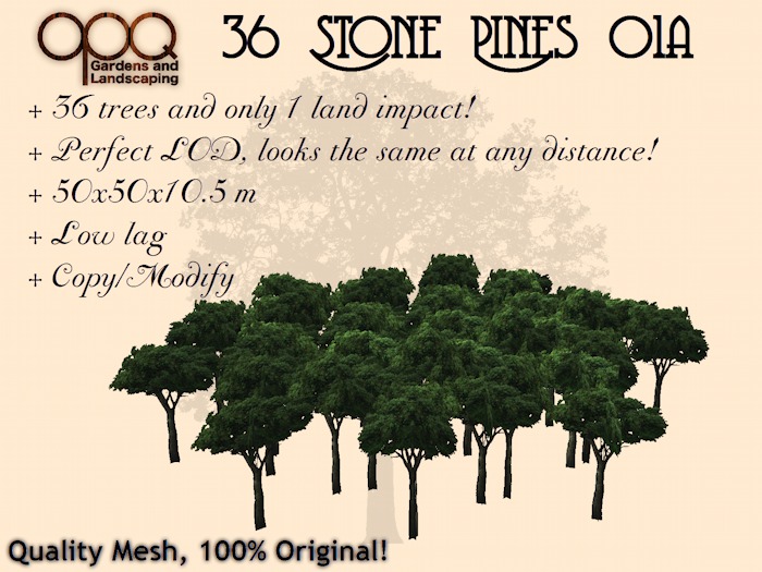 Second Life Marketplace - OPQ 36 Stone Pines 01a - 36 trees, 1 Land Impact!