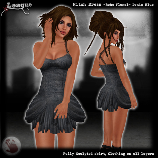 *League* Hitch Dress -Floral- Denim Blue (tag- garter suspender buckled straps, sculpted skirt, contemporary steampunk)