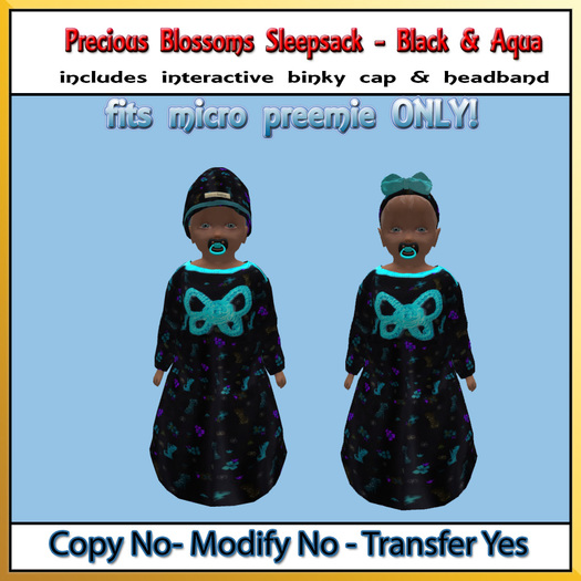 *CC* Precious Blossoms Sleepsack - Black & Aqua (Micro Preemie)