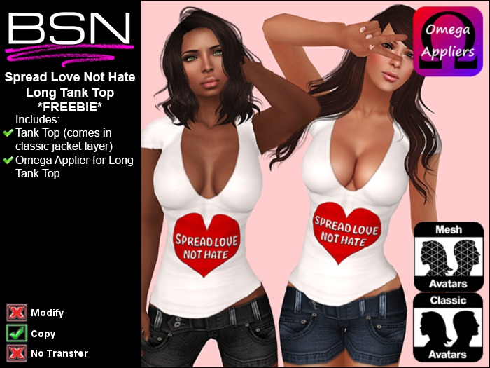 BSN Spread Love Not Hate Long Tank Top with Omega Applier *FREEBIE*