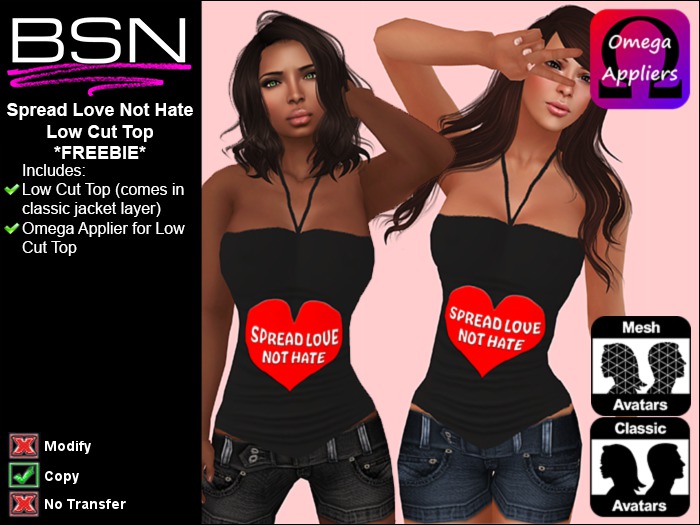 BSN Spread Love Not Hate Low Cut Top with Omega Applier Freebie