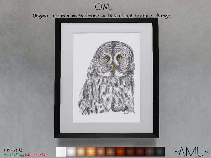 ~AMU~ Owl, an original bird drawing in pen and ink