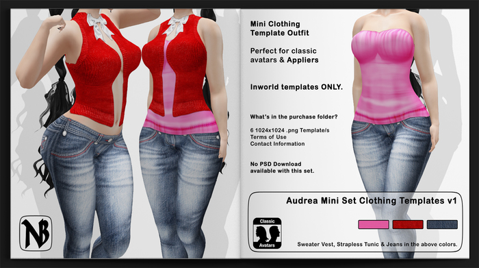 Audrea Sweater Vest, Strapless Tunic & Designer Jeans MINI Clothing Templates Set 1b Full Permissions