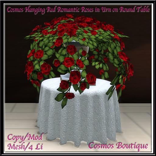 Cosmos Hanging Red Romantic Roses in Urn on Round Table (BOX)
