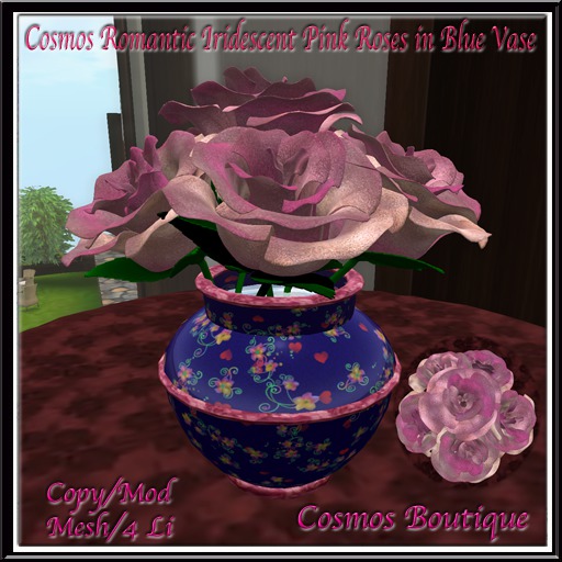 Cosmos Romantic Iridescent Pink Roses in Blue Vase MESH (BOX)