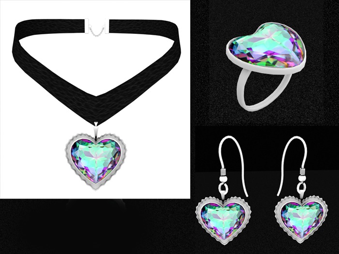 AQUA HEART/BLACK CHOKER & RINGS SET