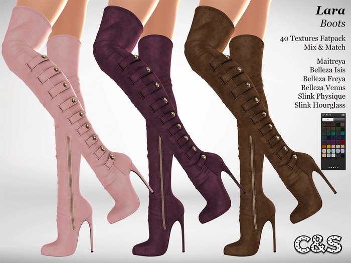 C&S Lara Boots - Maitreya, Physique & Hourglass - Venus, Isis & Freya - 40 Textures HUD. Mix & Match