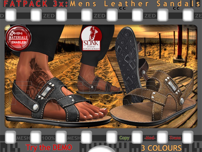 FATPACK - ZED 3x Leather Sandals / Rigged Slink Male Feet+Non-Rigged for Standard