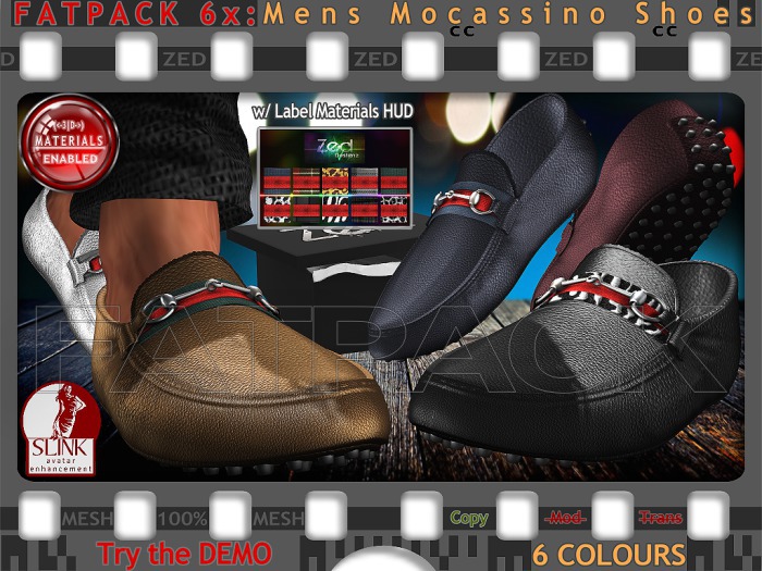 FATPACK - ZED 6x Mocassino Shoes + HUD / Rigged Slink Male+Non-Rigged for Standard