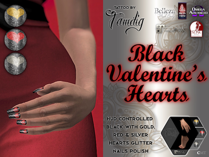 [PROMO 40L nails] Black Valentine's Hearts - Tattoo by Tamdig - [3 hearts colors]