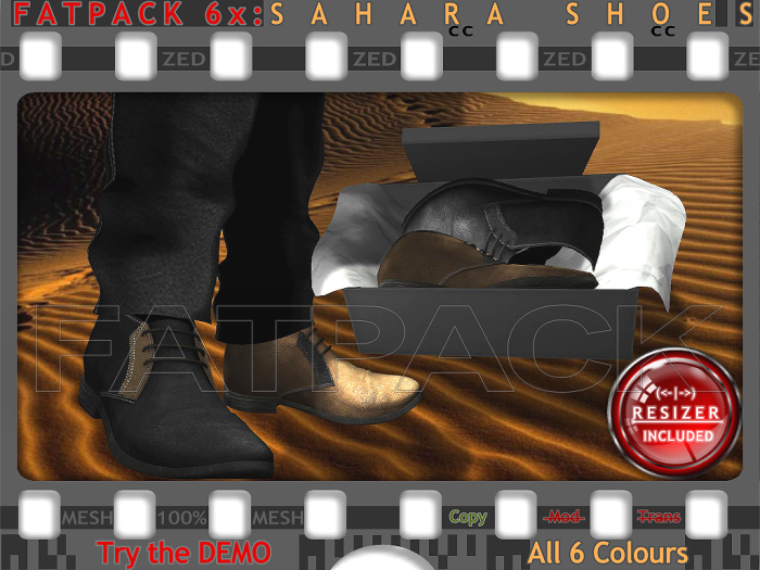 FATPACK - ZED 6x Sahara Shoes: Non-Rigged & Resizable/Stretchable + Remote