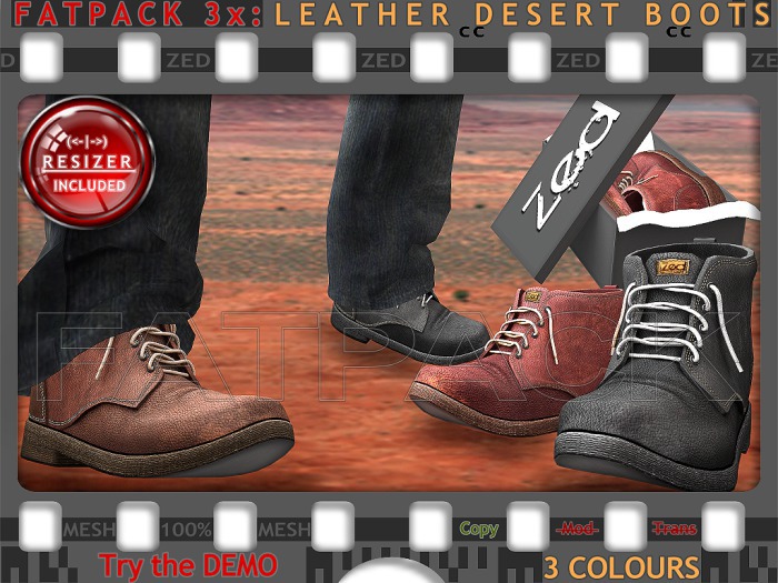FATPACK - ZED 3x Desert Boots (Non-Rigged & Resizable/Stretchable + Remote)