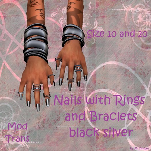 Nails with Rings and Braclets black silver
