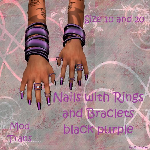 Nails with Rings and Braclets black purple