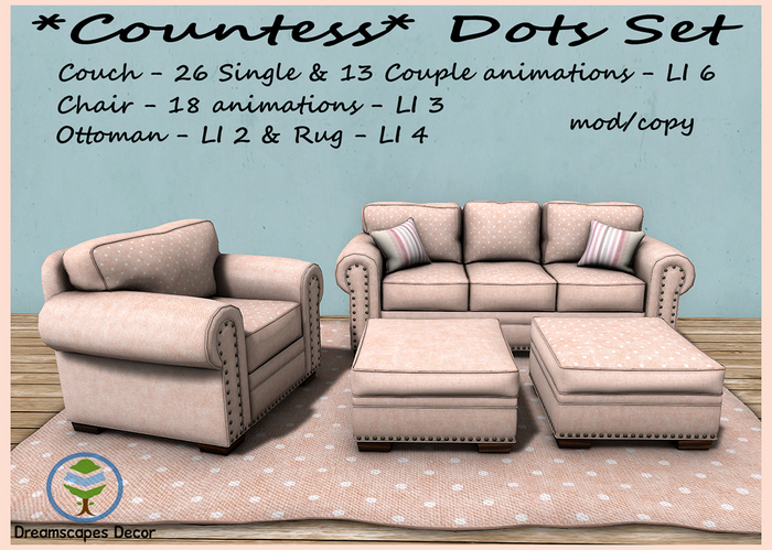 *Countess* Dots Set - Livingroom Set with Couch, Chair, Ottoman Tables and Rug 